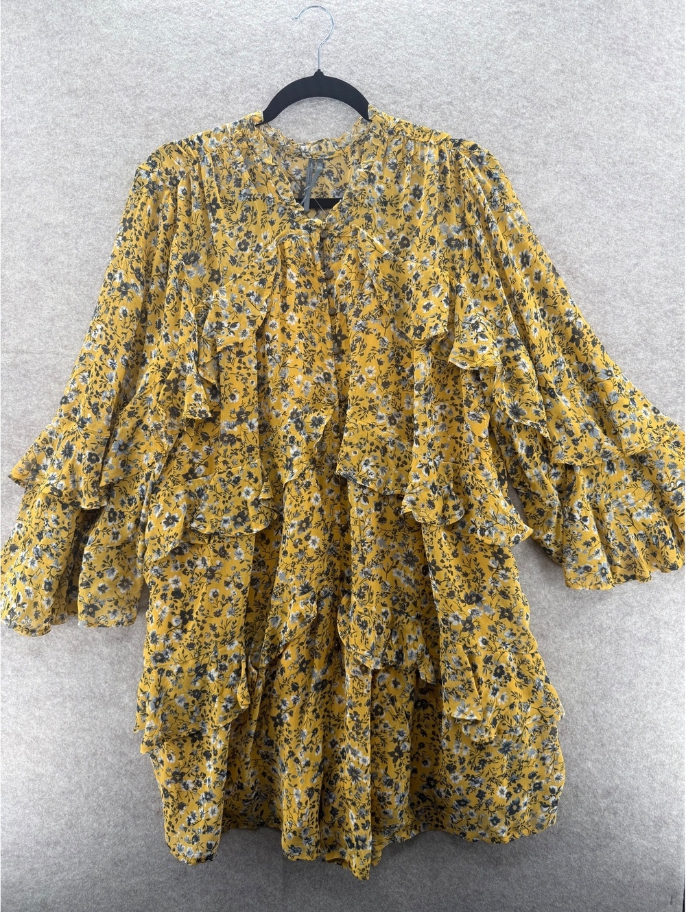 Anthropologie Mustard Floral Ruffle Romper Women’s Large Boho Long Sleeve